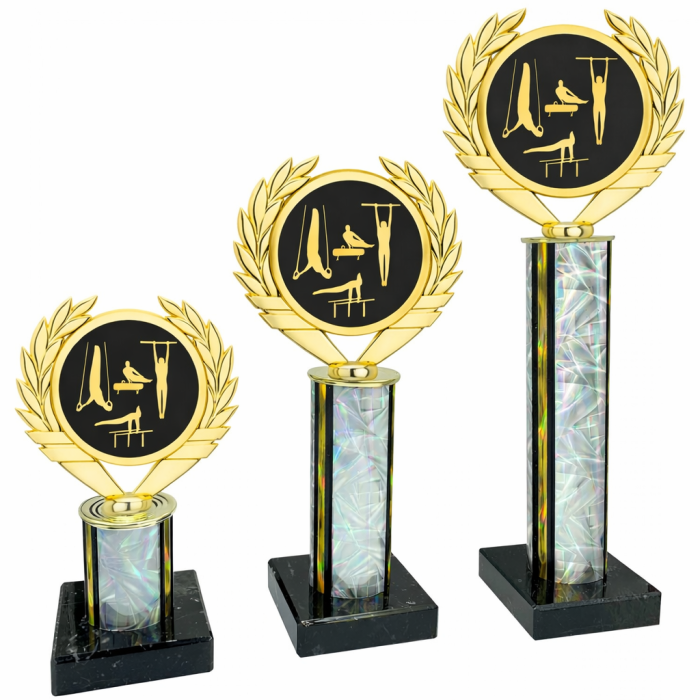 SILVER MALE GYMNASTIC COLUMN TROPHY WITH MODERN ACRYCLIC CENTRE MOUNTED ON PLASTIC LAUREL LEAF - 3 SIZES